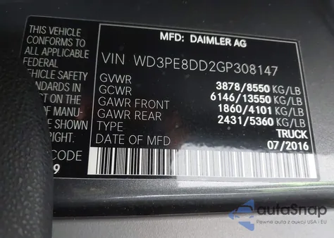 2016 Mercedes-Benz Sprinter 2500 High Roof from USA, damaged, VIN WD3PE8DD2GP308147